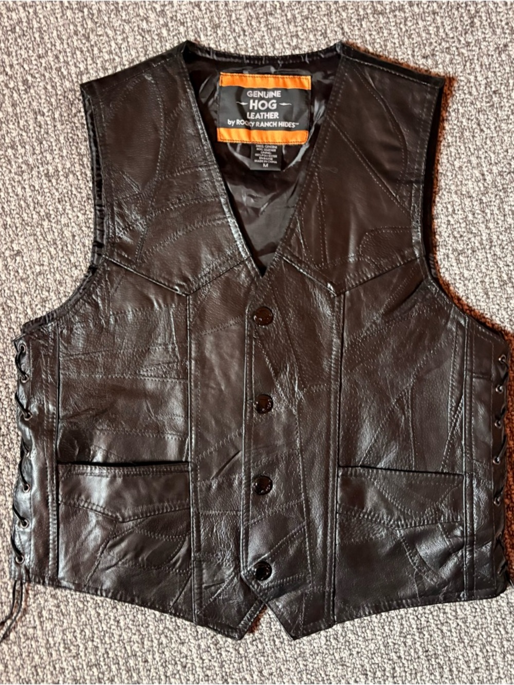 Genuine HOG Leather Black Button Front Vest